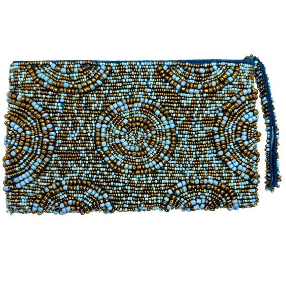 Hand Beaded Clutch Purse Blue Gold Beaded Evening Bag Beaded Intricate Design - Picture 3 of 10